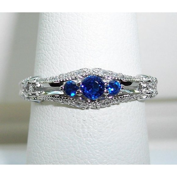925 STERLING SILVER Antique Style Blue Spinel Cubic Zirconia Filigree Ring - Picture 2 of 16